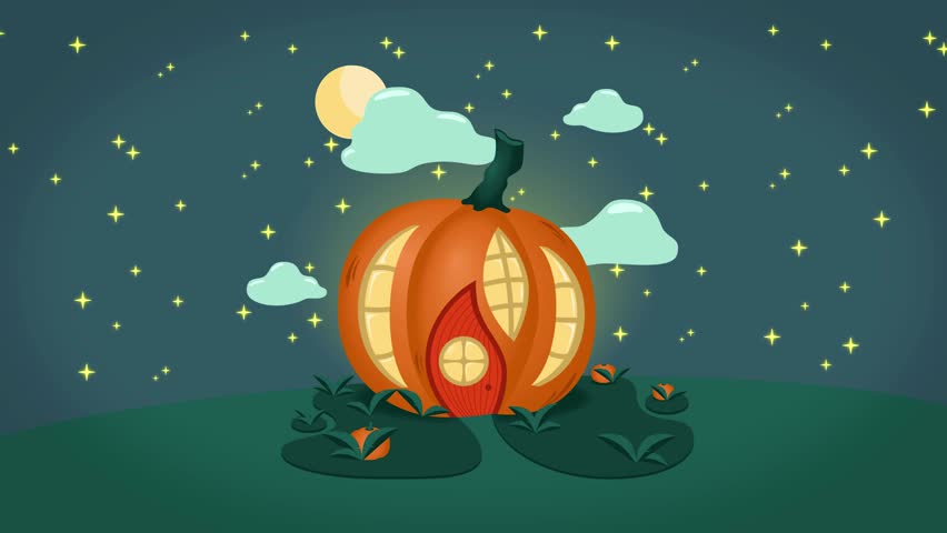 Video pumpkin house for Halloween. Pumpkin house with holy windows against the background of the night sky with a crescent moon. Full color background: sky and grass.