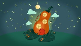 Video pumpkin house for Halloween. Pumpkin house with holy windows against the background of the night sky with a crescent moon. Full color background: sky and grass.