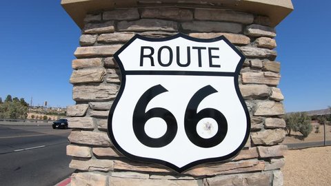 Barstow, California, USA - August 15, 2018: Sixty Six sign, United States of America in the Main Street in Barstow. Famous Mother Road or Sixty Six sign.