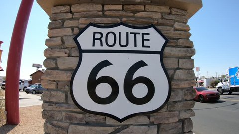 Barstow, California, USA - August 15, 2018: Closeup of historic Route 66 road sign along the Main Street in Barstow. Famous Mother Road or Sixty Six sign, United States of America.