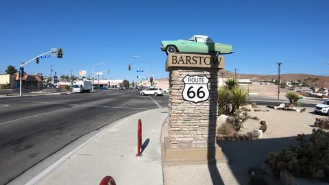 Barstow, California, USA - August 15, 2018: Barstow Sign on Route 66, the city Main Street in San Bernardino County, an important transportation center for Inland Empire in Southern California.