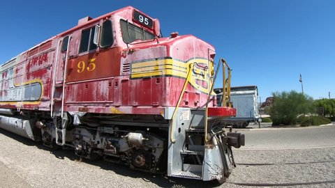 Barstow,California,USA-August 15, 2018: Santa Fe railroad train engine 95 at Western America Railroad Museum near Harvey House Railroad Depotis dedicated to history of railroading in Pacific Southwest
