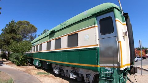 Barstow, California, USA - August 15, 2018: train wagon at Western America Railroad Museum near Harvey House Railroad Depotis dedicated to history of railroading in Pacific Southwest.