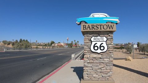 Barstow, California, USA - August 15, 2018: Barstow Sign along Route 66 which crosses the city Main Street. Barstow is located in Mojave Desert between Los Angeles and Las Vegas.