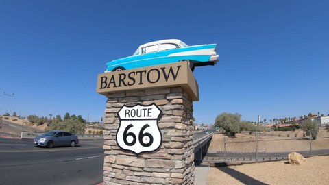 Barstow, California, United States - August 15, 2018: Barstow Sign on Route 66 on entrance of the city Main Street. Barstow is an important crossroads between Los Angels and Las Vegas.