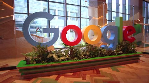 Singapore - May 5, 2018: Google logo inside the new offices of Google Headquarters in Mapletree Business City II, Singapore. Google's Asia-Pacific HQ.