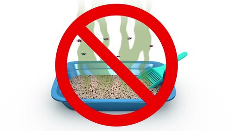 Cat Litter Box in Prohibited sign. 3D animation in cartoon style.