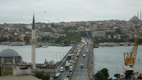 Cars, taxi, buses driver on Ataturk bridge at Istanbul, Turkey. High angle view normal speed 4k video