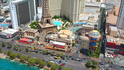 Las Vegas, Nevada, United States - 05 05 2018: AERIAL VIEW OF LAS VEGAS HOTELS, CASINOS, TOWER AND FOUNTAIN, NEVADA, UNITED STATES. DRONE VIDEO.