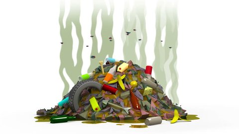 Garbage dump with flies. 3D animation in cartoon style. Alpha channel, loopable.