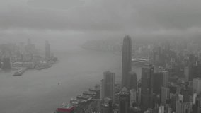Hong Kong aerial view on the island, Victoria bay foggy mist scene in day 4k