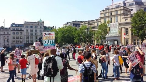 London, United Kingdom (UK) - 07 12 2018: Protesters gathering at Trafalgar Square in London. getting Ready for president Trump visit.