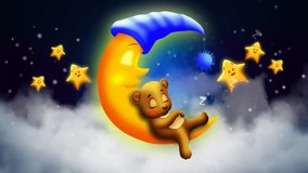 Cute bear cartoon sleeping on moon, best loop video screen background for a lullaby to put a baby to sleep, calming, relaxing.