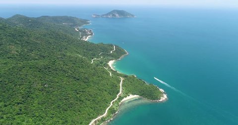 Aerial video of Cham Island view  of crystal clear sea and white sand beach.View of Cu Lao Cham island near Hoi An city,Vietnam.Nature vacation background. Vietnamese tourism paradise.

