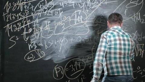 A brilliant mature mathematician brings a big board and completes an essay Complicated mathematical formula equation 4k