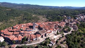 Aerial view in Miranda del Castañar. Village of Salamanca, Spain. 4k Drone Video
