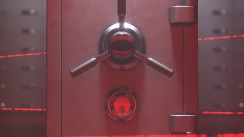 Close mechanical dial combination safe standing in front of safe deposit boxes wall. Beams of red, transparent, moving laser protecting security system. Concept of security, wealth, finance, trust.
