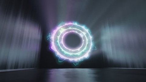 Animation of colorful circular audio equalizer. Music beat control levels. Multicolored sound waves illuminating an empty room with bright neon lights. Reflections on dark walls surface.
