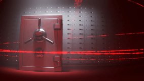 Close mechanical dial combination safe standing in front of safe deposit boxes wall. Beams of red, transparent, moving laser protecting security system. Concept of security, wealth, finance, trust. - Powered by Shutterstock - Get 15% off with code: PIKWIZARD15