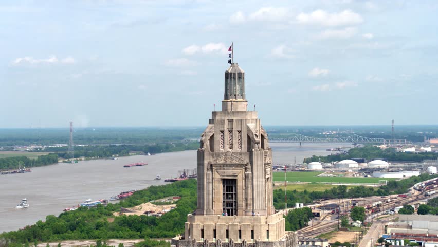 State Capitol Building, Baton Rouge Skyline, River, Drone Shot