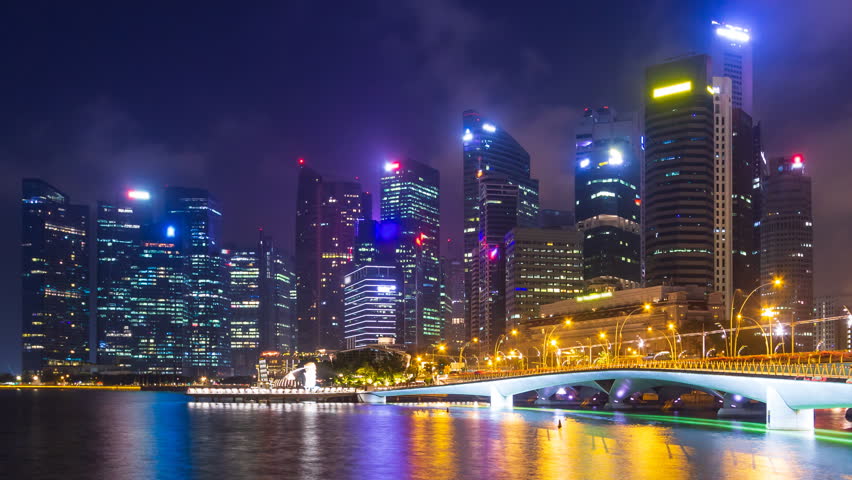 Singapore Night Cityscape 4K Time Lapse (zoom out)