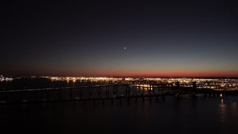 Aerial view of Newark Bay Bridge over Newark Bay New Jersey at night