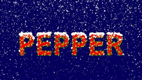 New Year text vegetable PEPPER. Snow falls. Christmas mood, looped video. Alpha channel Premultiplied - Matted with deep blue RGB(04:00:5B)