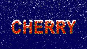 New Year text fruit CHERRY. Snow falls. Christmas mood, looped video. Alpha channel Premultiplied - Matted with deep blue RGB(04:00:5B)