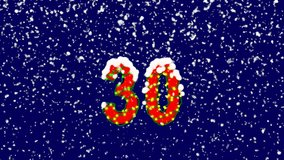 New Year text number thirty 30. Snow falls. Christmas mood, looped video. Alpha channel Premultiplied - Matted with deep blue RGB(04:00:5B)