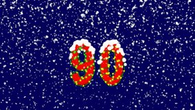 New Year text number ninety 90. Snow falls. Christmas mood, looped video. Alpha channel Premultiplied - Matted with deep blue RGB(04:00:5B)