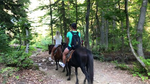 Group of people ride horses by mountain side trail in Abkhazia. Family on horseback riding trip mountain. Tourist rides a horse makes tours on horse on mountains. Horse riding in summer forest.
