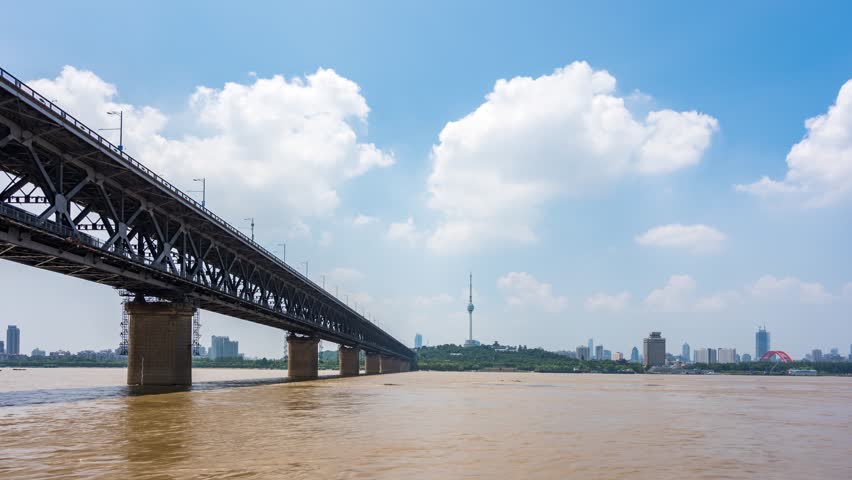 4K,Timelapse of Wuhan yangtze river bridge at hubei province, China, it is the first yangtze river bridge.
