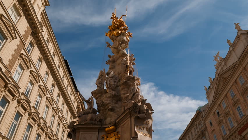 Rotating shot of the Trinity Column known as the Plague Column in Vienna, Austria. Constructed after the Great Plague epidemic