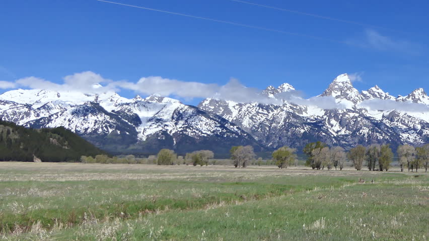 Spectacular snowy mountain peaks in background of beautiful green landscape inside Yellowstone National Park