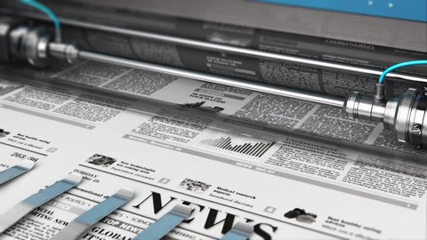 3D render video of printing black and white daily business newspapers or news papers on the offset print machine in typography