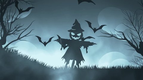 Halloween background animation with the concep of Spooky scarecrow and Bats blue foggy background