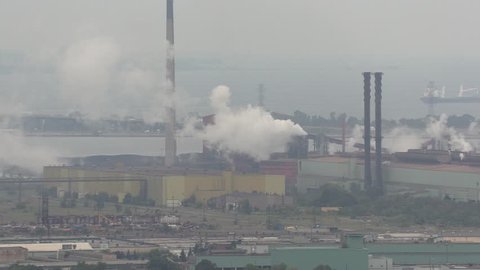 Hamilton, Ontario, Canada October 2018 Smog smoke carbon and pollution emissions from industry smokestacks