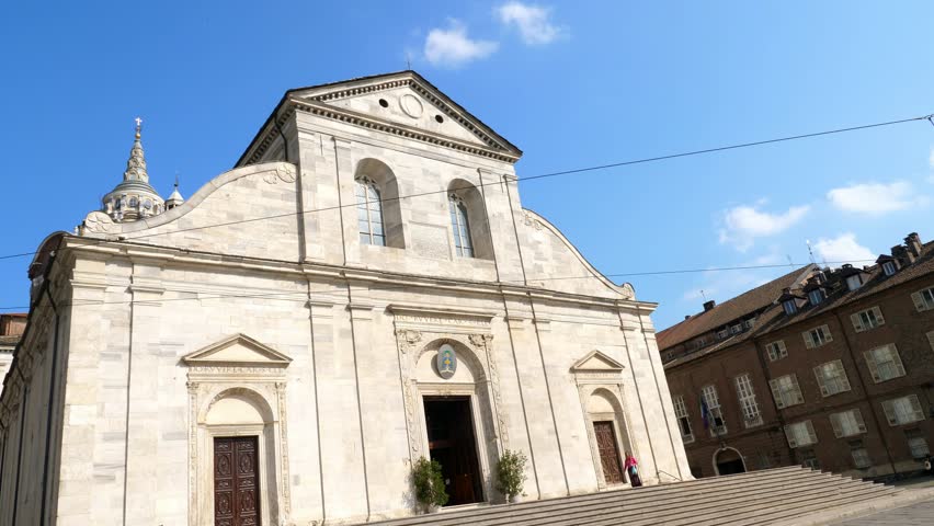 TORINO, ITALY - JULY 7, 2018: View of the Torino Cathedral. Inside is the Chapel of the Holy Shroud the current resting place of the Shroud of Turin 