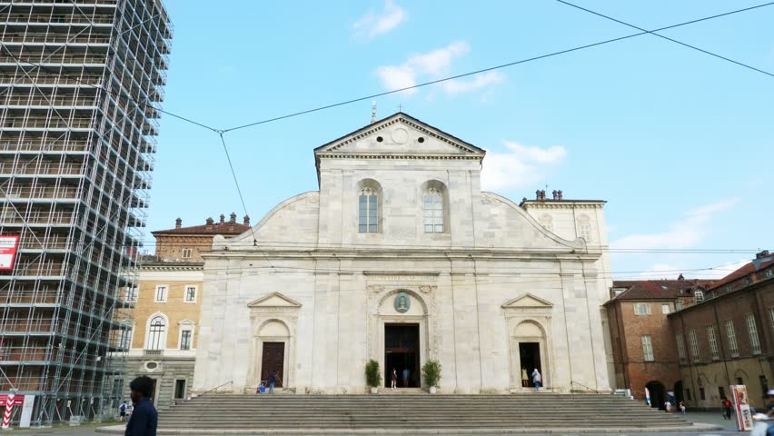 TORINO, ITALY - JULY 7, 2018: View of the Torino Cathedral. Inside is the Chapel of the Holy Shroud the current resting place of the Shroud of Turin