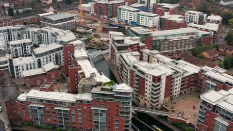 BIRMINGHAM, UK - 2018: Aerial view of a canal in Birmingham City Centre.