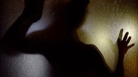 silhouette of couple of lovers are having sex, view through transparent plastic screen