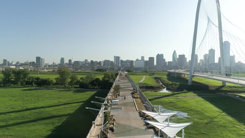 Pedestrian Bridge Dallas Skyline Texas Aerial