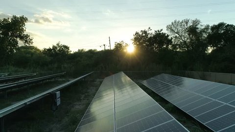 Aerial Footage Solar Panels Collect Solar Energy Sunset