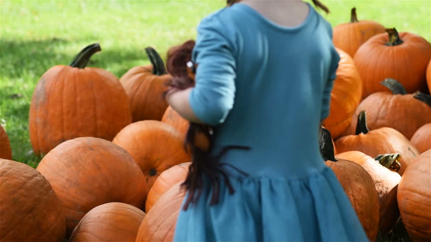 Young girl in a blue dress picking out pumpkins