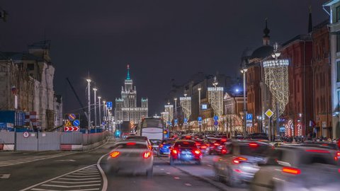 Traffic near Kremlin in Moscow on Tverskaya st., 4k time-lapse footage