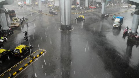 MUMBAI, INDIA - AUG 12: Heavy monsoon rain at Nana Chowk intersection on August 12, 2018 in Mumbai, India 