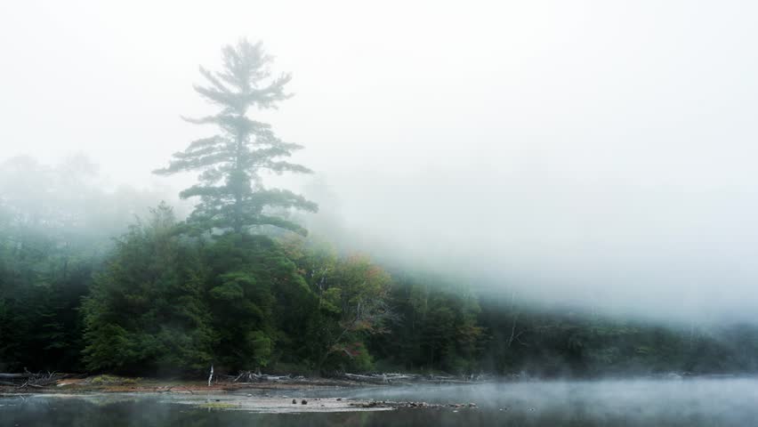 The fog rolls across the lake on a cold fall morning in Algonquin Park, Ontario, Canada.