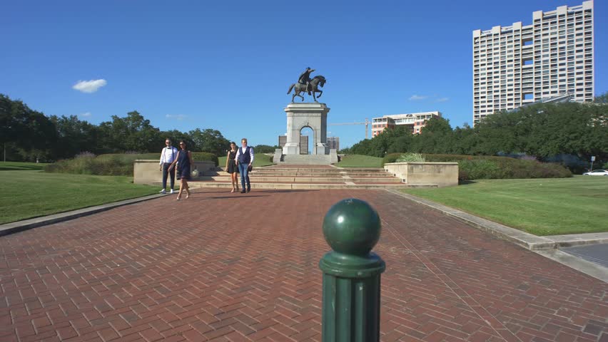 Wide angle view of the Sam Houston monument statue in Hermann Park in Houston, Texas