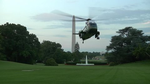 Washington, DC / United States - 07 27 2018: Marine One landing on the south lawn of the White House.