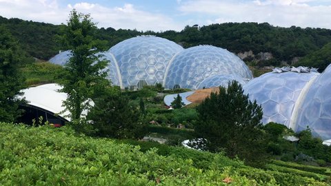 ST AUSTELL/CORNWALL - 02 JULY 2018: Elevated pan across the domes of the Eden Project in Cornwall England